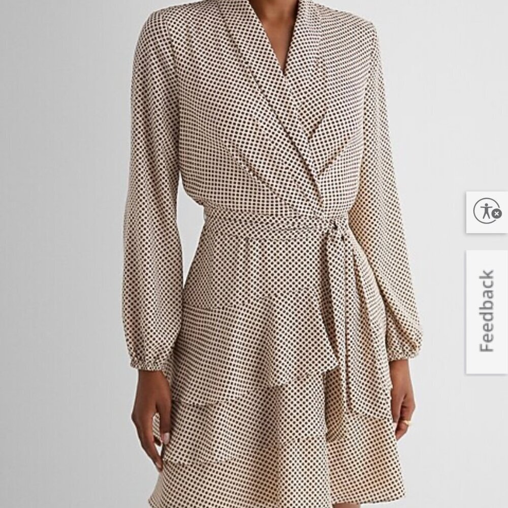 Express Polka Dot Collared Long Sleeve Tie Waist Tiered Mini Dress Sz XL